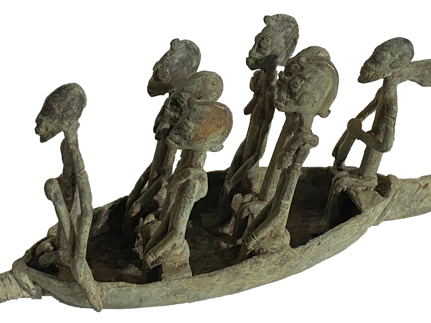 #4019 Large Dogon Bronze Pirogue Crocodile Boat W/ figures , Mali 15.5" W