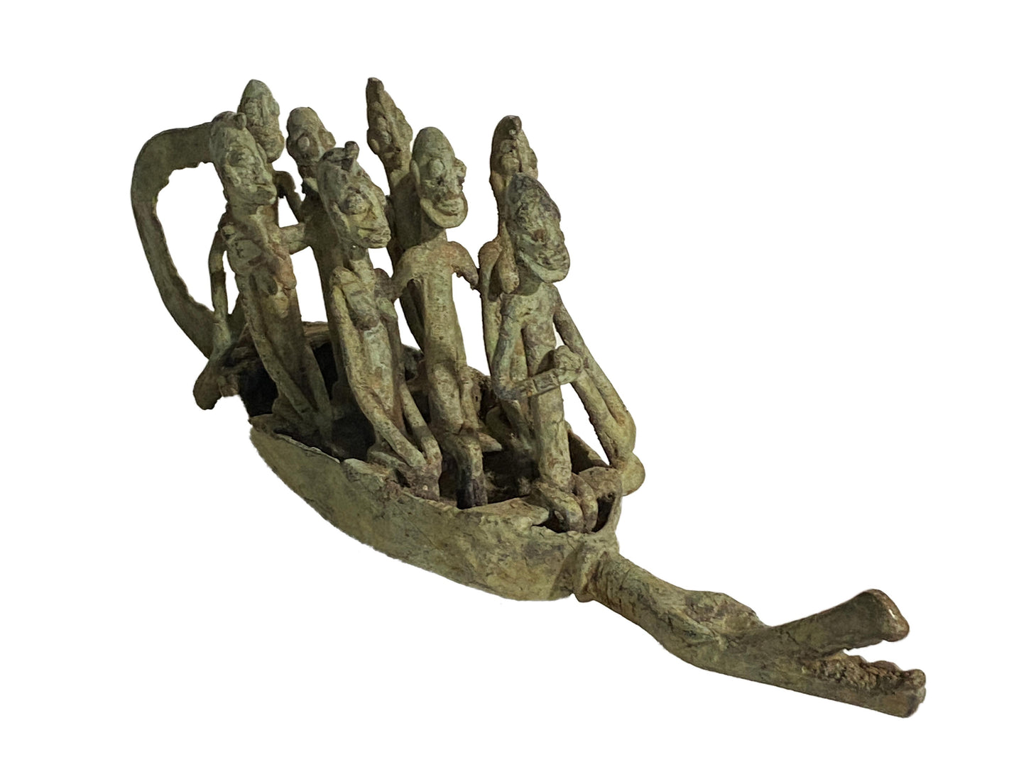 #4019 Large Dogon Bronze Pirogue Crocodile Boat W/ figures , Mali 15.5" W