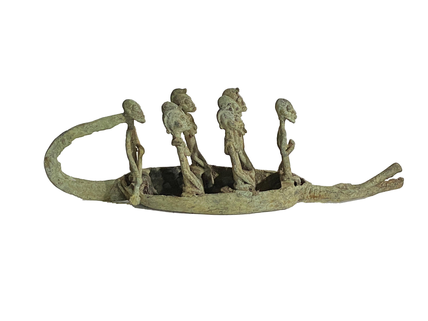 #4019 Large Dogon Bronze Pirogue Crocodile Boat W/ figures , Mali 15.5" W