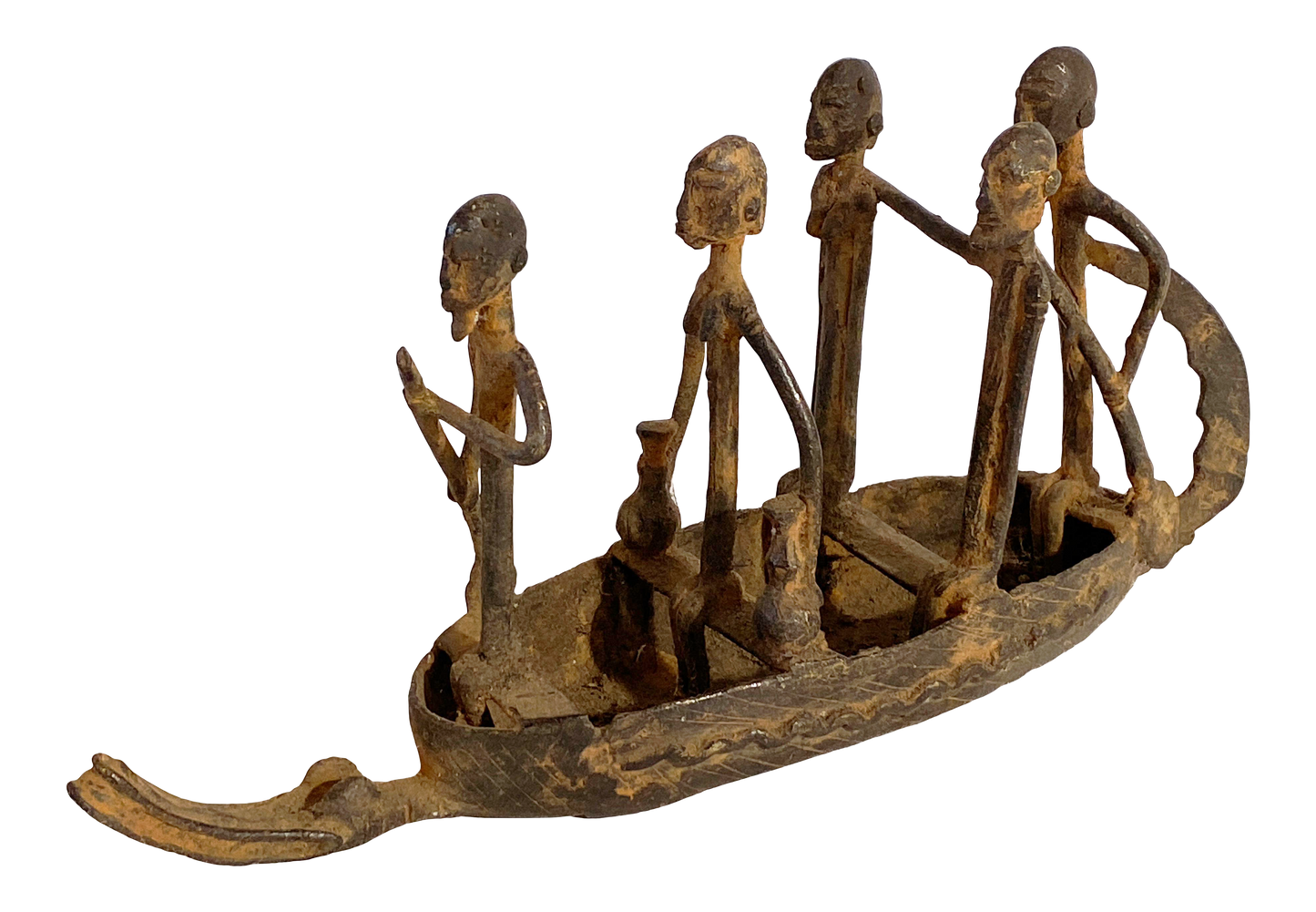 #4011 Dogon Bronze Pirogue Crocodile Boat W/ figures , Mali 10.5" W