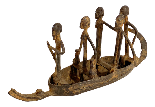 #4011 Dogon Bronze Pirogue  Crocodile Boat W/ figures , Mali  10.5" W