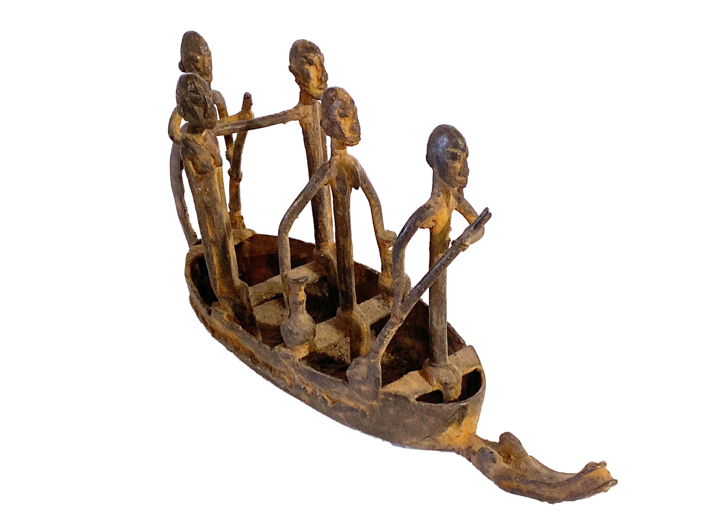 #4011 Dogon Bronze Pirogue Crocodile Boat W/ figures , Mali 10.5" W
