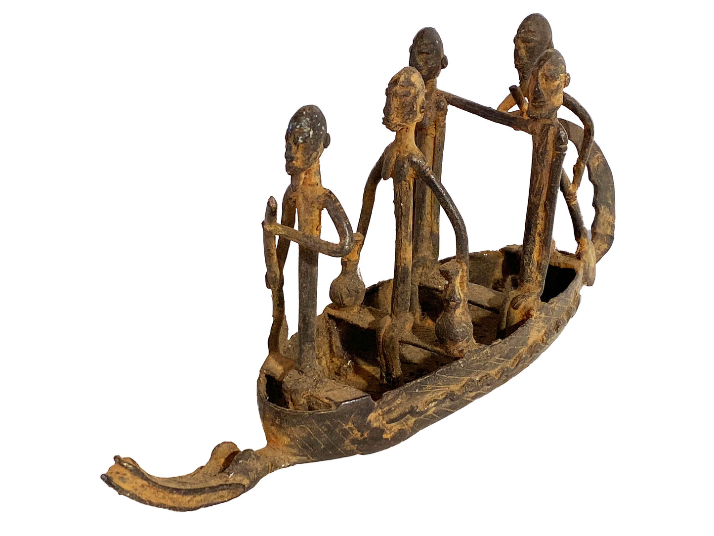 #4011 Dogon Bronze Pirogue Crocodile Boat W/ figures , Mali 10.5" W