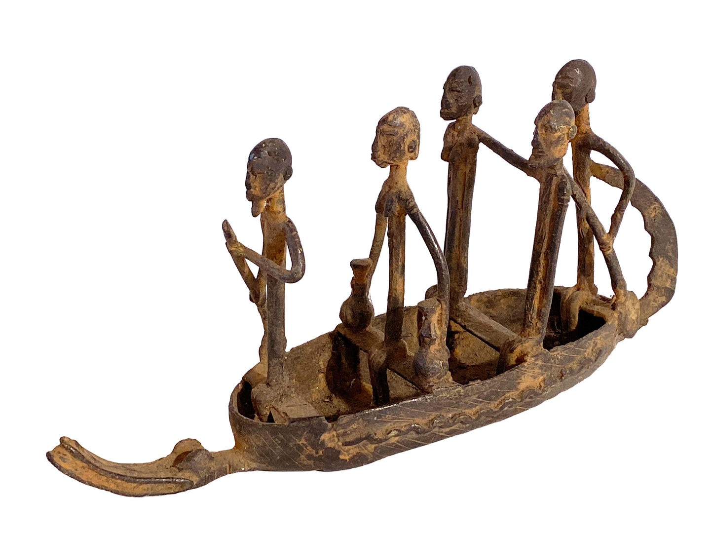 #4011 Dogon Bronze Pirogue Crocodile Boat W/ figures , Mali 10.5" W