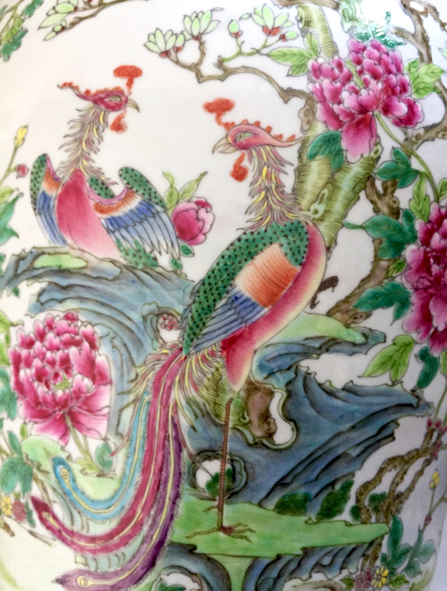 #1869 LG Chinese H Painted Porcelain Famille Rose Ginger Jar w/ Phoenix 26" H