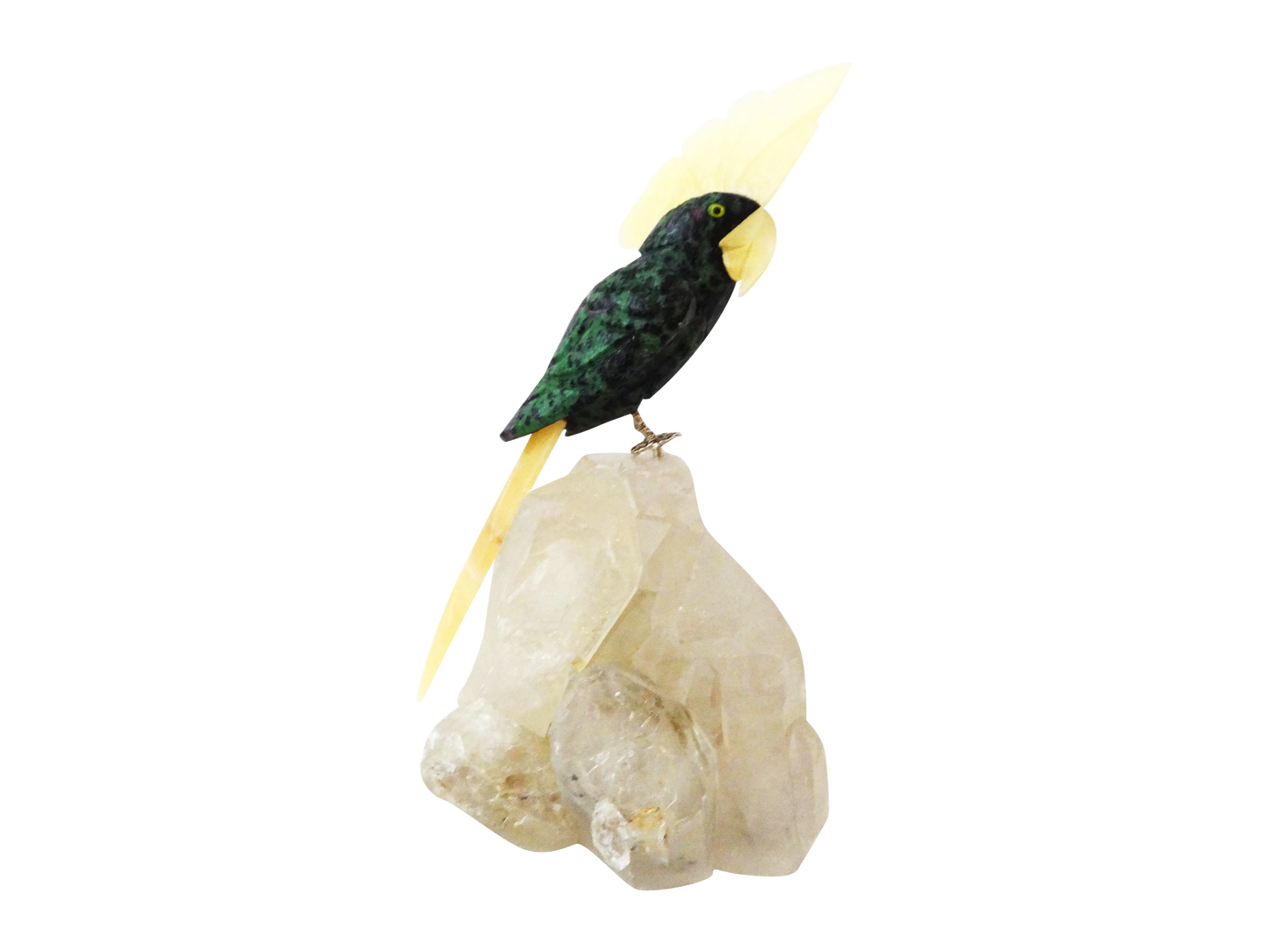 #4165Vintage Realistic Brazilian Aventurine Parrot W/Druze Quartz Base