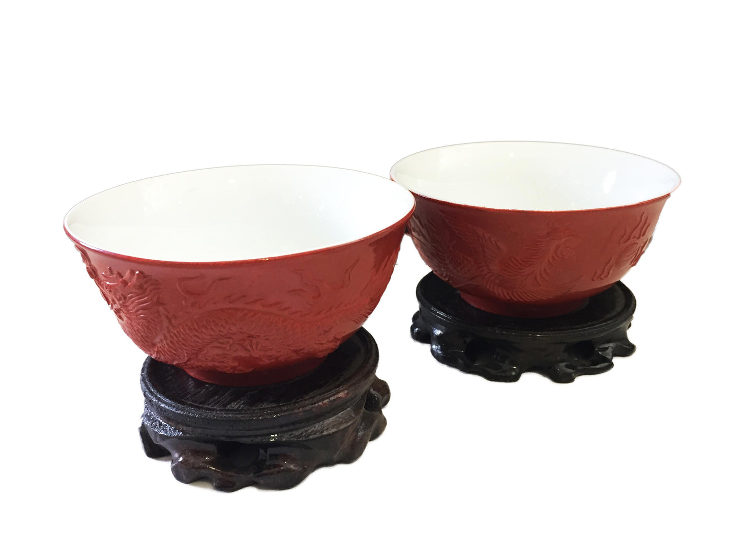 #1218c Chinoiserie Marriage Porcelain Bowls Dragon & Phoenix S/2