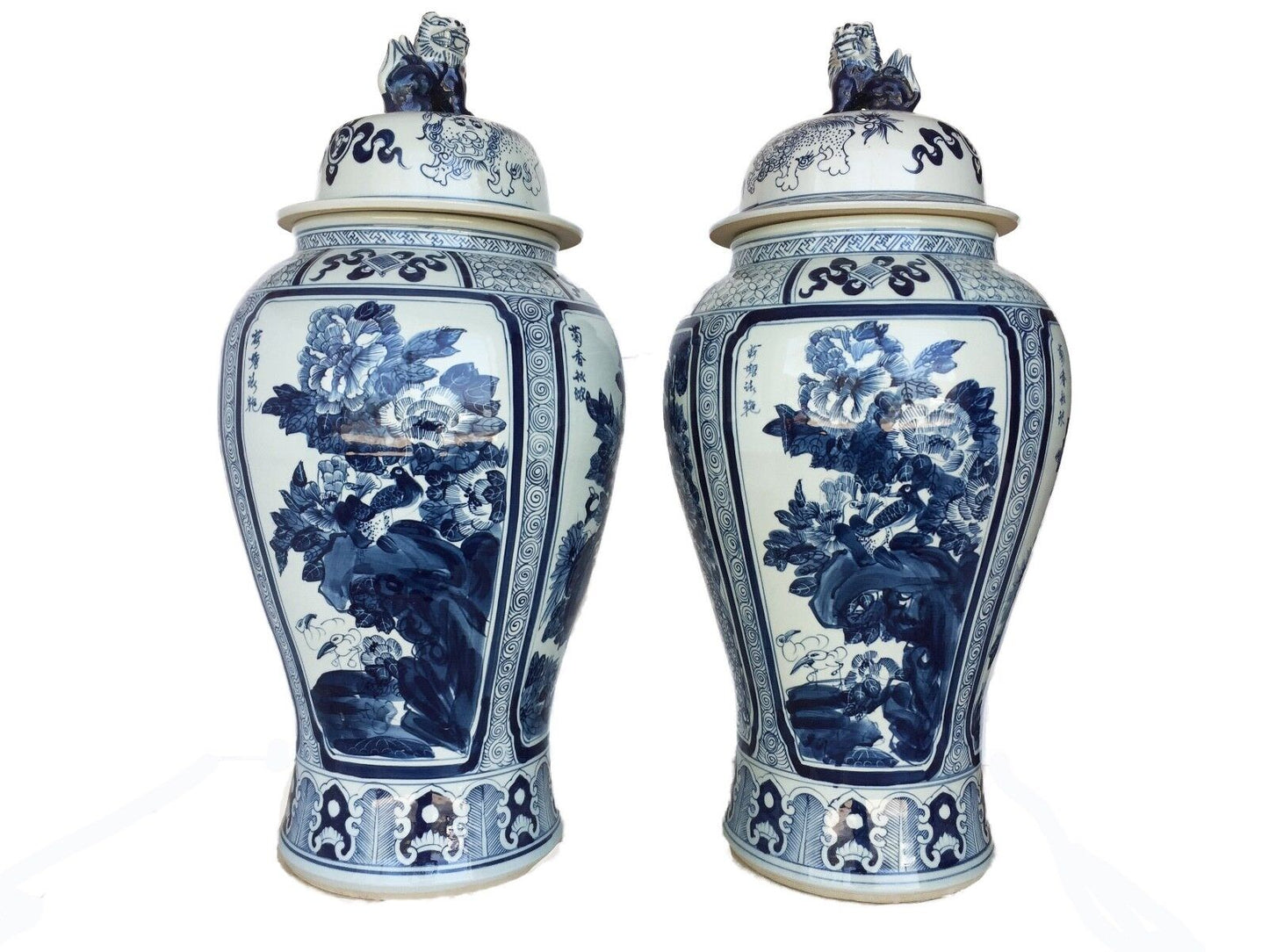 #975 Mansion Size Chinoiserie B & W Porcelain Ginger Jars four seasons Pair 35.5" H