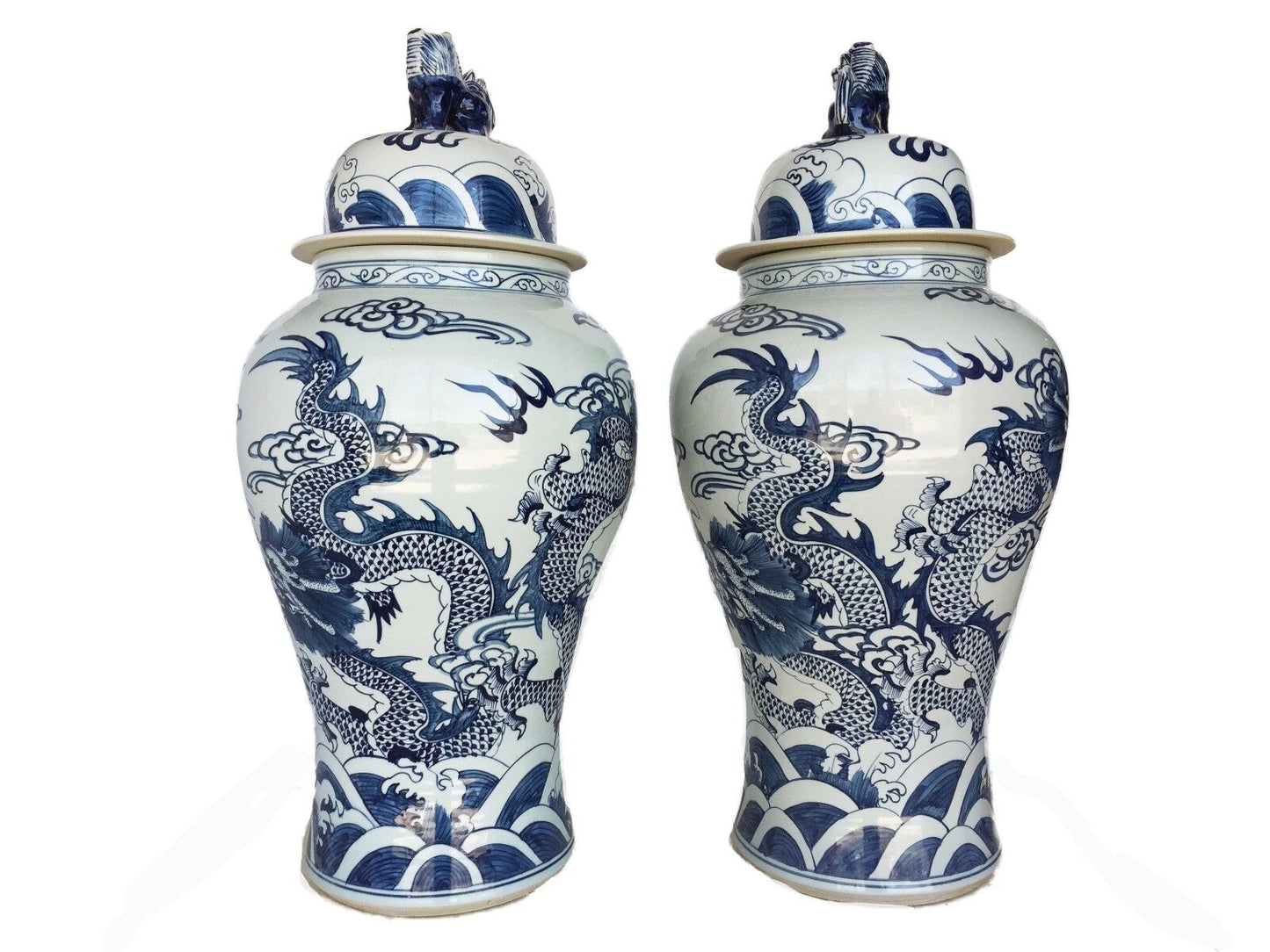 #976 LG Chinoiserie B & W Porcelain Ginger Jars Dragons Pair 35.5" H