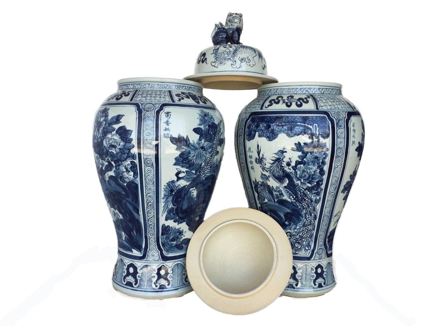#975 Mansion Size Chinoiserie B & W Porcelain Ginger Jars four seasons Pair 35.5" H