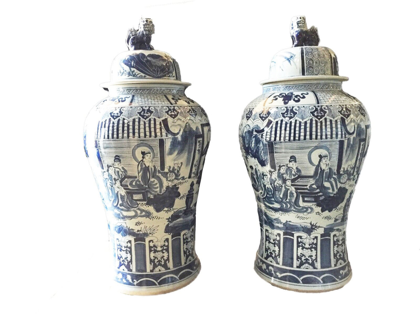 #914 Large Chinoiserie B & W Porcelain Ginger Jars - a Pair 47" H