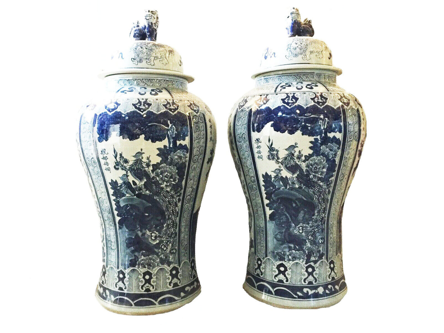 #930 Large Chinoiserie B & W Porcelain Ginger Jars - a Pair 47.5" H