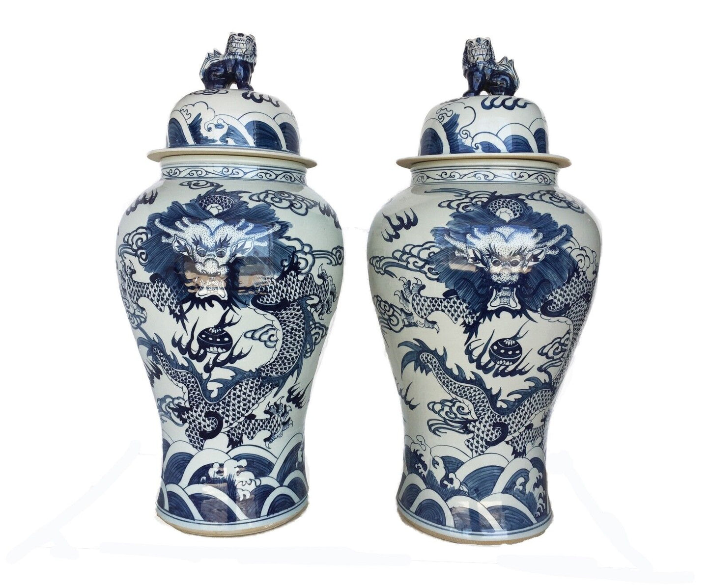 #976 LG Chinoiserie B & W Porcelain Ginger Jars Dragons Pair 35.5" H
