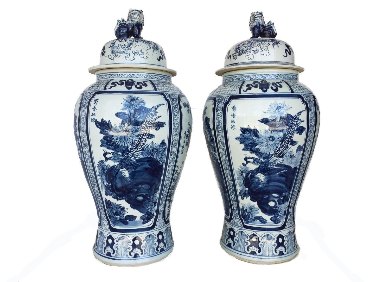 #975 Mansion Size Chinoiserie B & W Porcelain Ginger Jars four seasons Pair 35.5" H