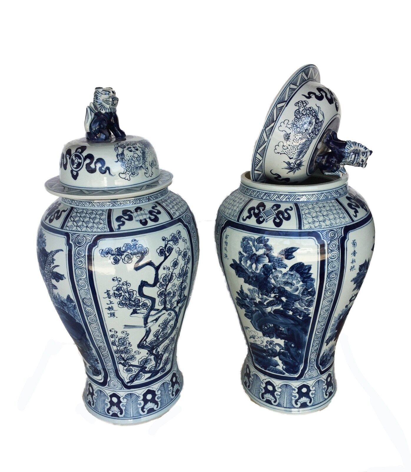 #975 Mansion Size Chinoiserie B & W Porcelain Ginger Jars four seasons Pair 35.5" H