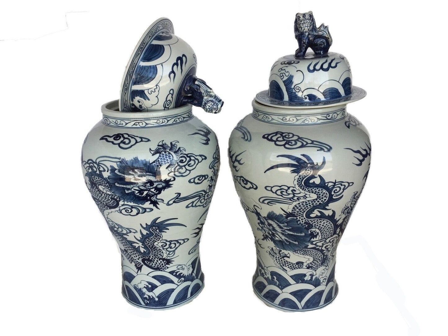 #976 LG Chinoiserie B & W Porcelain Ginger Jars Dragons Pair 35.5" H