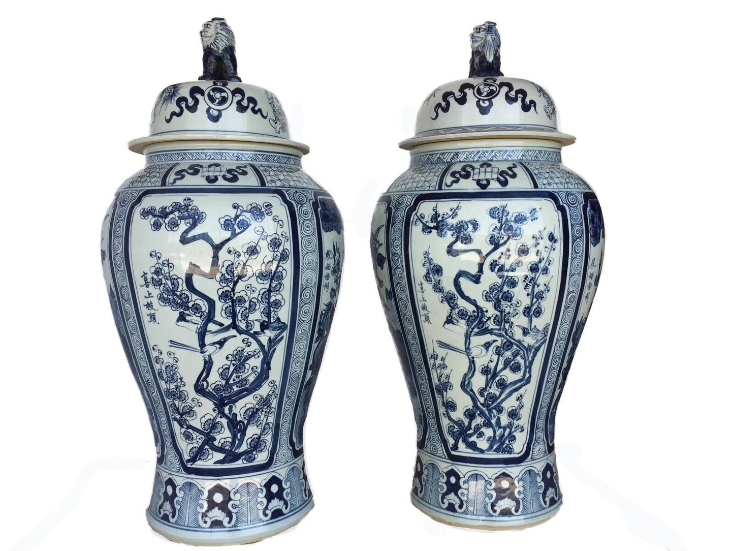 #975 Mansion Size Chinoiserie B & W Porcelain Ginger Jars four seasons Pair 35.5" H