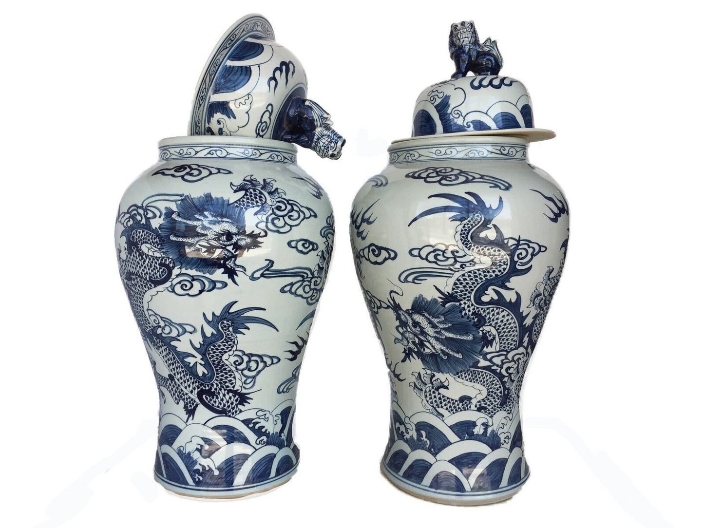 #976 LG Chinoiserie B & W Porcelain Ginger Jars Dragons Pair 35.5" H