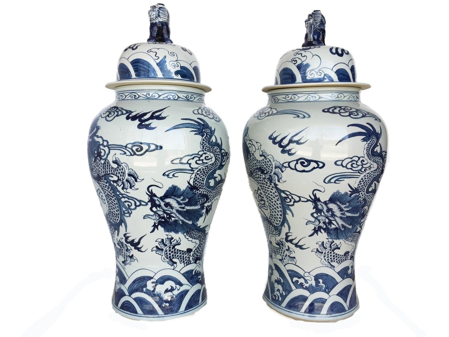 #976 LG Chinoiserie B & W Porcelain Ginger Jars Dragons Pair 35.5" H