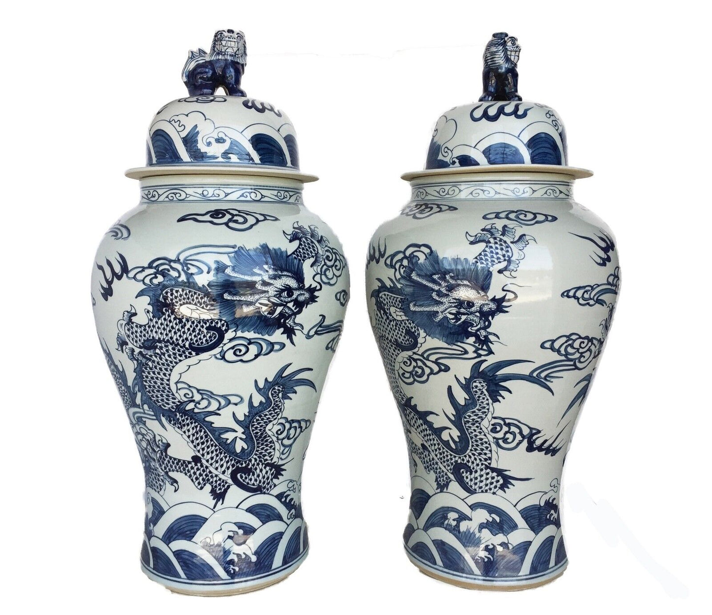 #976 LG Chinoiserie B & W Porcelain Ginger Jars Dragons Pair 35.5" H