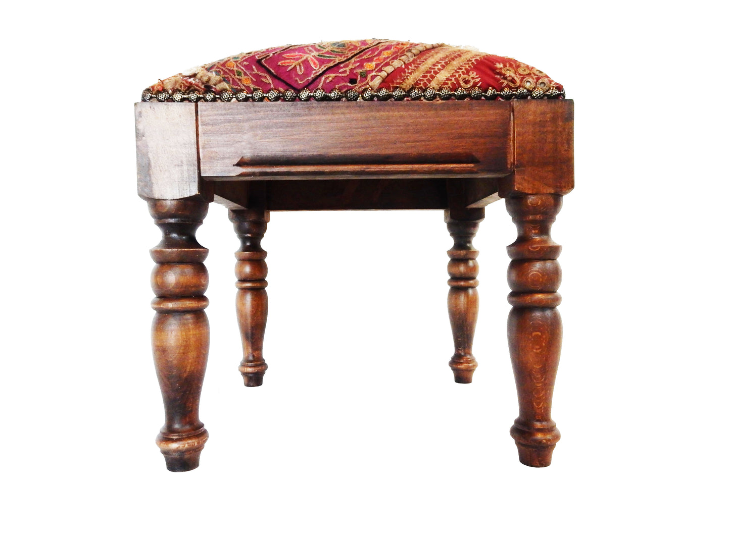 #5021 Square Wooden Stool W/ Indian Patchwork Textile 15.5" H