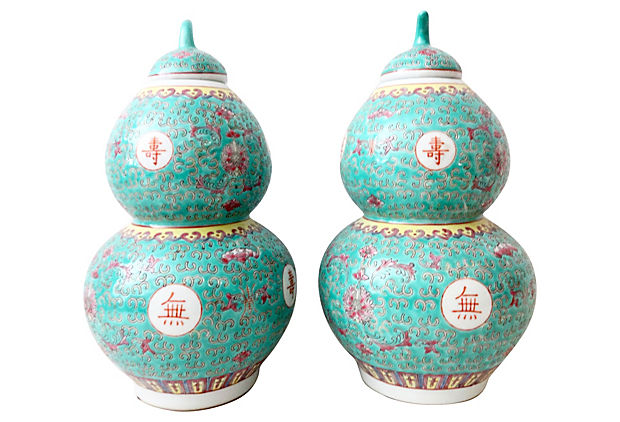 #290 Chinoiserie Double Gourd Vases Pair