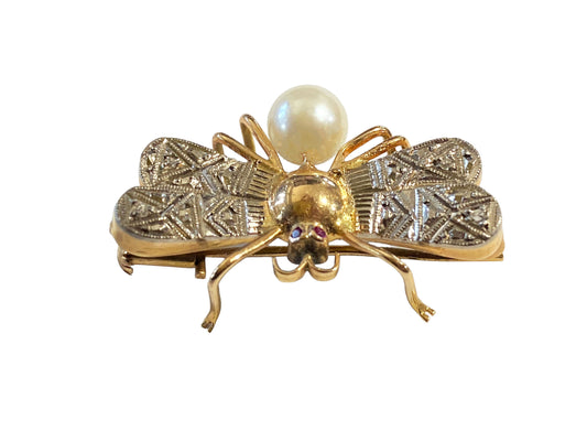 # 5844 Superb Fine Antique 18k Yellow & White Gold Rubies BEE Brooch Pin