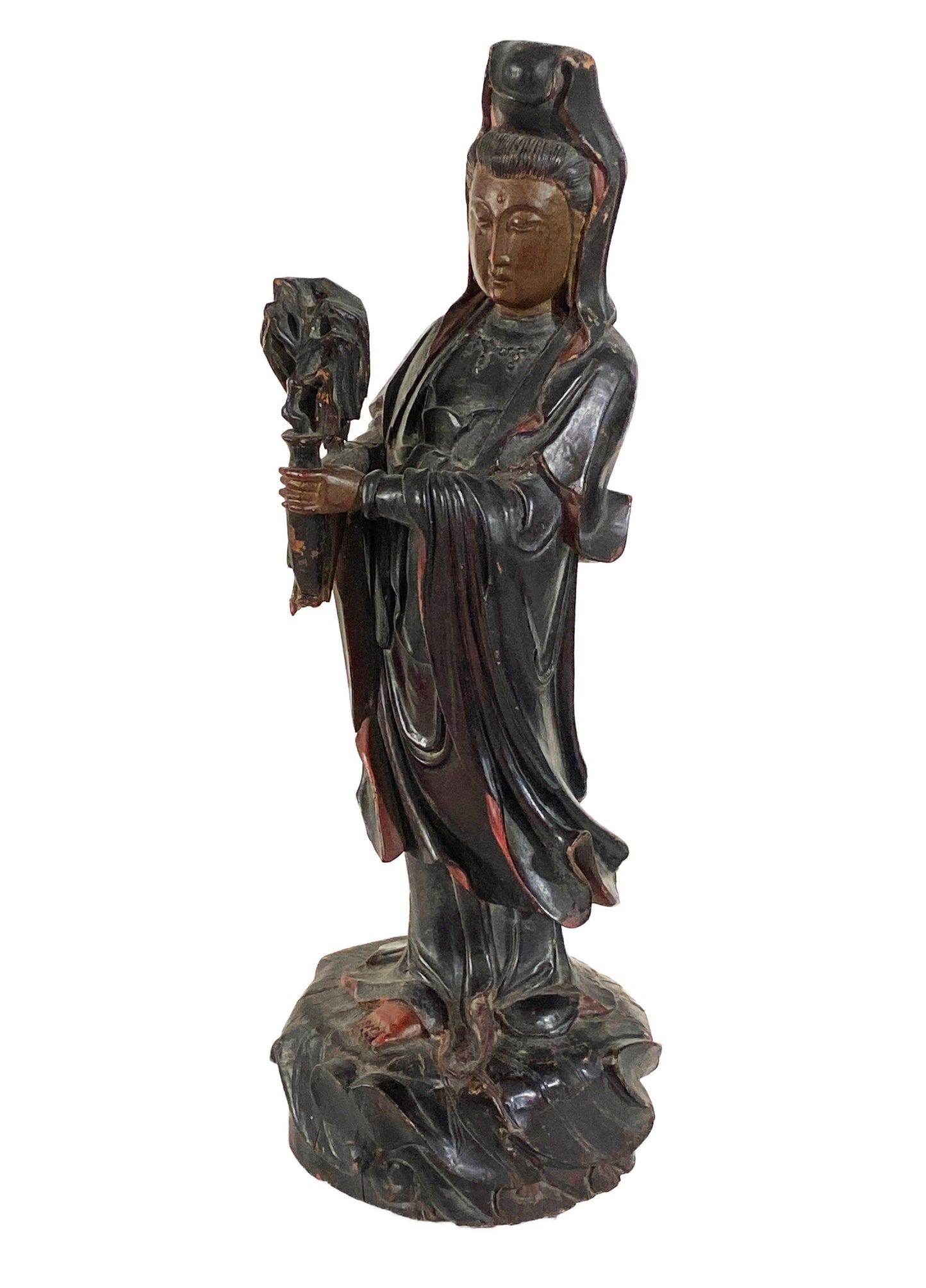 #4046  Chinoiserie 1920 Hand Carved Wood Goddess Guan Yin. 14.5" H