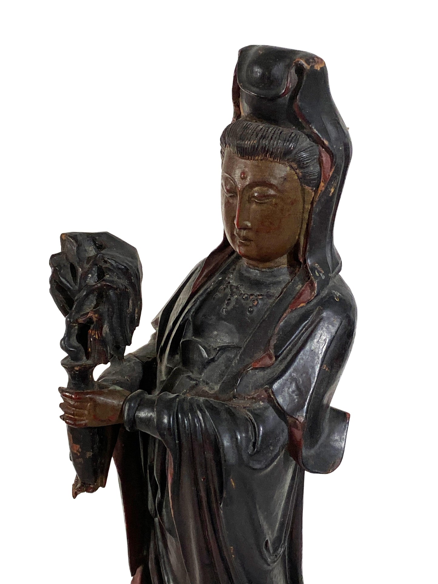 #4046  Chinoiserie 1920 Hand Carved Wood Goddess Guan Yin. 14.5" H