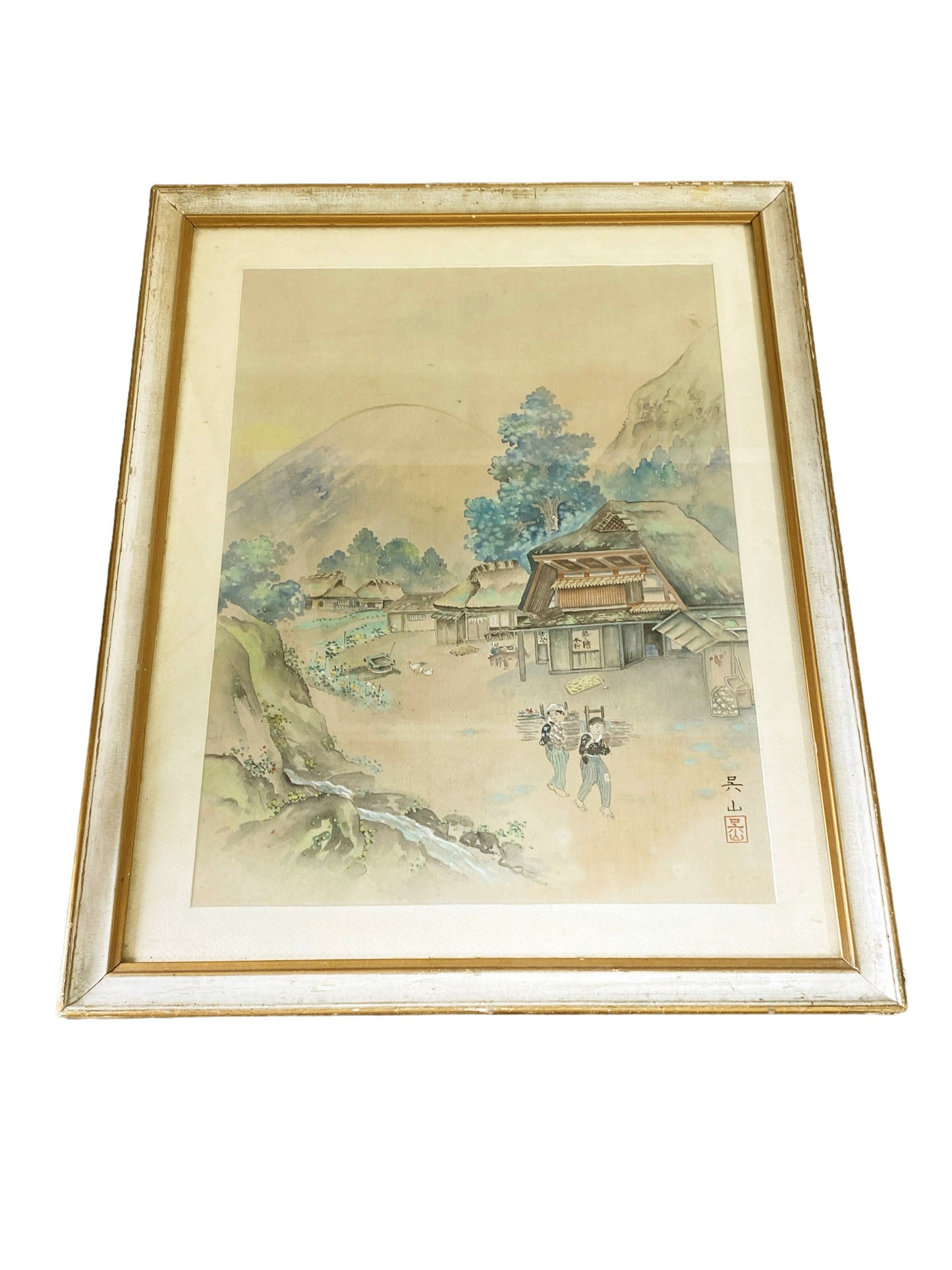 #6034 Old Water Color Painting on Chinese Silk  Framed  22.5" H