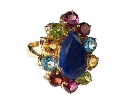 #881 Superb 18K Gold Sapphire Ring w / Assorted colored  Brazilian stones 4.60 carats