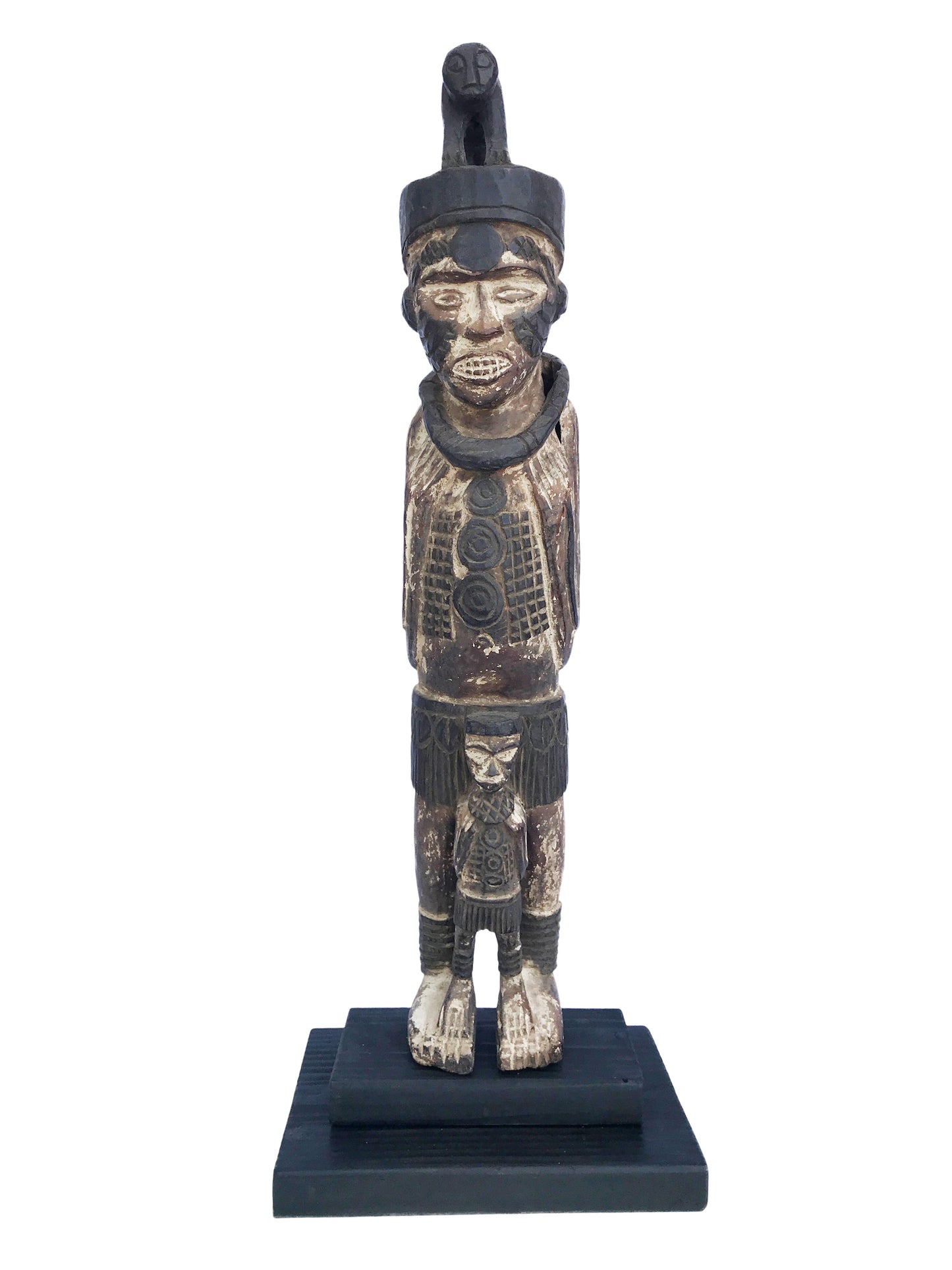 #121 Vintage  Igbo Male Figure W/Monkey Nigeria African 34.5" H on Stand