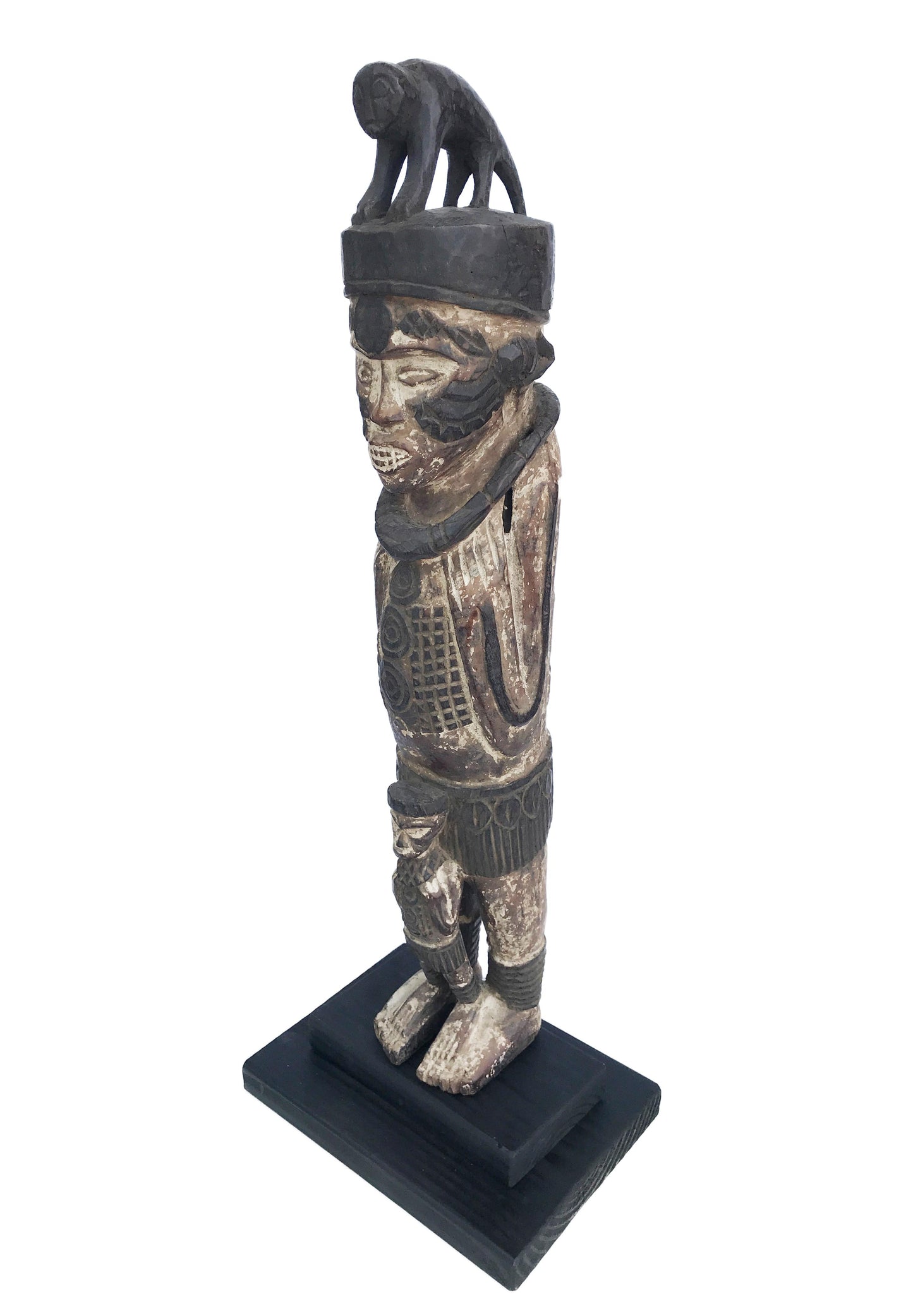 #121 Vintage  Igbo Male Figure W/Monkey Nigeria African 34.5" H on Stand