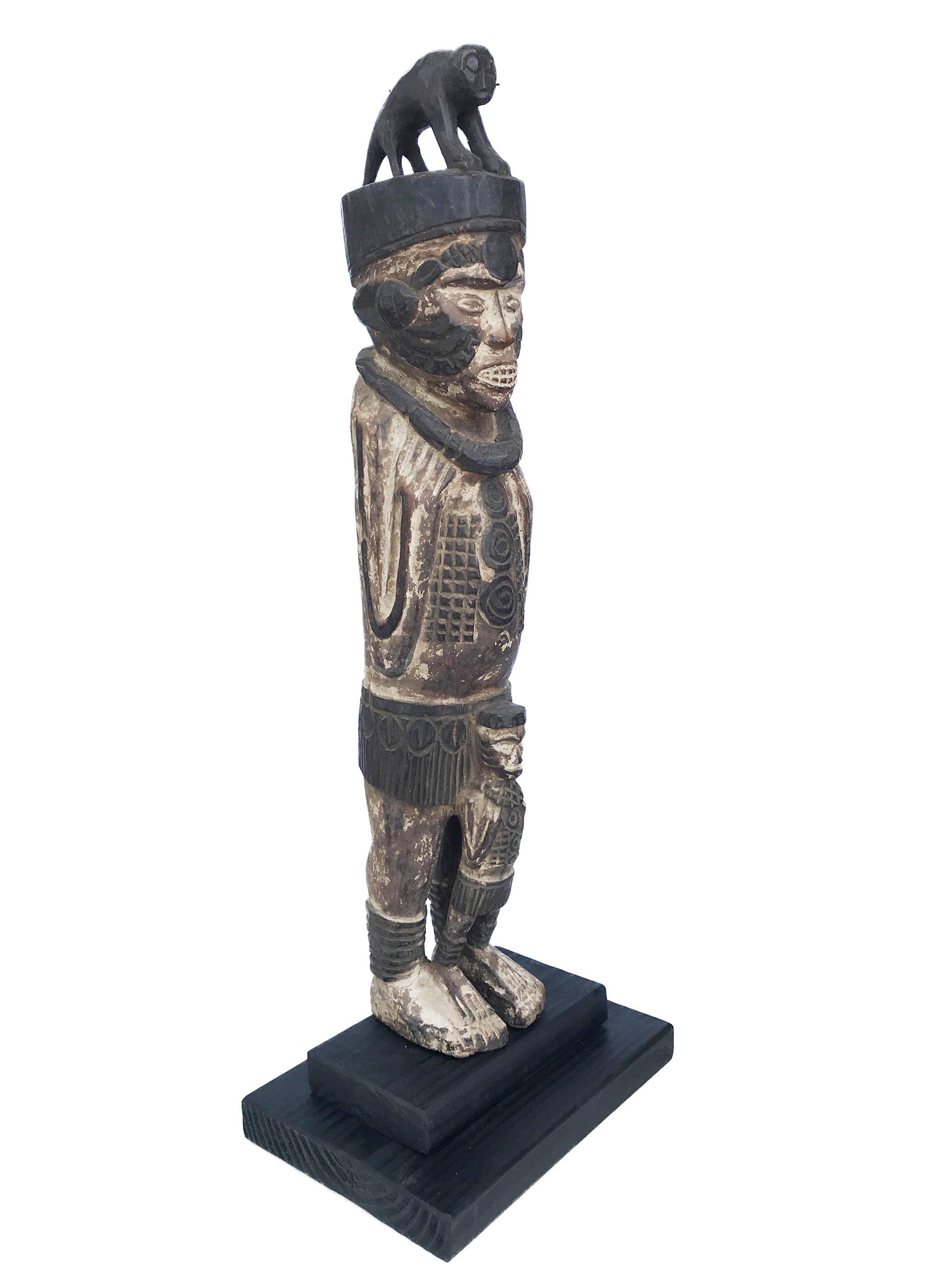 #121 Vintage  Igbo Male Figure W/Monkey Nigeria African 34.5" H on Stand