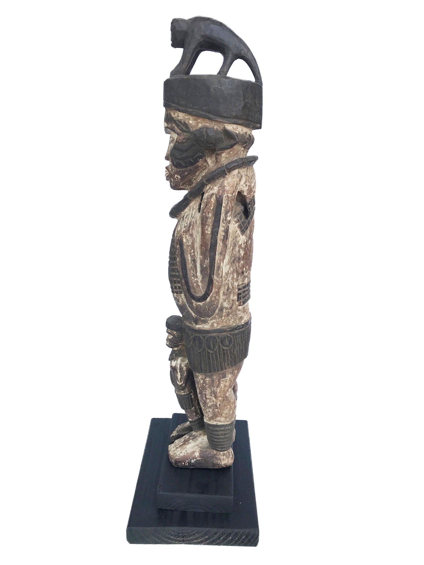 #121 Vintage  Igbo Male Figure W/Monkey Nigeria African 34.5" H on Stand