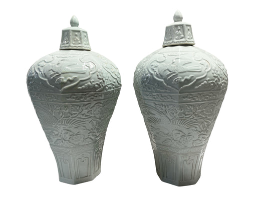 #7274 Pair of  Chinoiserie Octagonal Celadon Lidded Vases 20.5"H