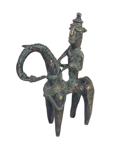 #673 Superb African Dogon Bronze Horseman Cast Handmade Mali 6" W by 7.25" H