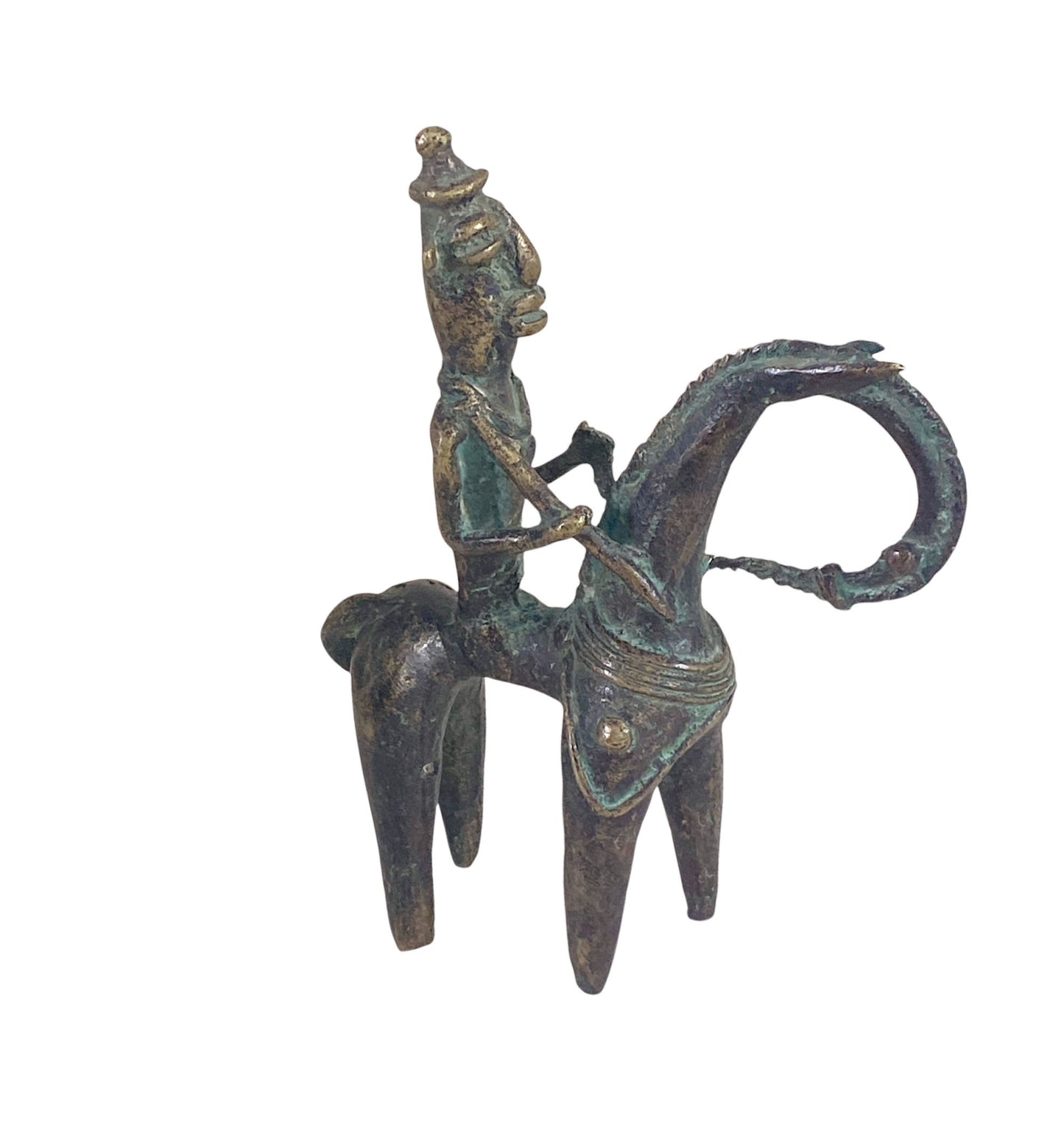 #673 Superb African Dogon Bronze Horseman Cast Handmade Mali 6" W by 7.25" H