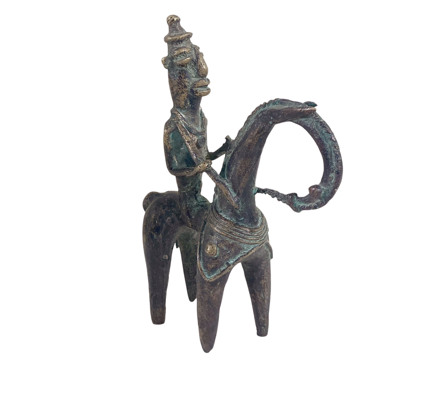 #673 Superb African Dogon Bronze Horseman Cast Handmade Mali 6" W by 7.25" H