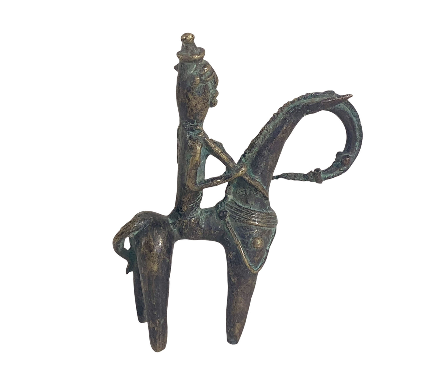 #673 Superb African Dogon Bronze Horseman Cast Handmade Mali 6" W by 7.25" H