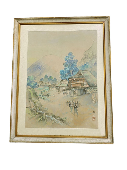 #6034 Old Water Color Painting on Chinese Silk  Framed  22.5" H