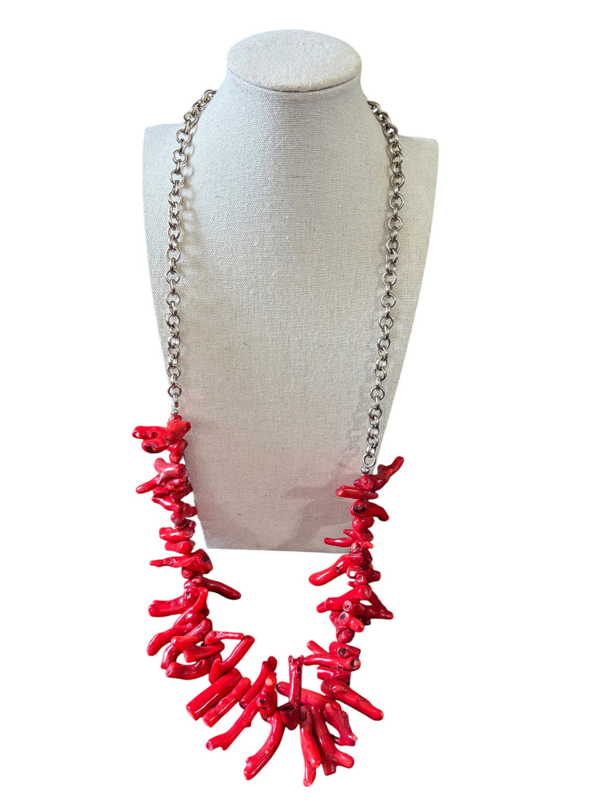 #993 Vintage Natural Red Coral Branch Necklace w/Silver Chain