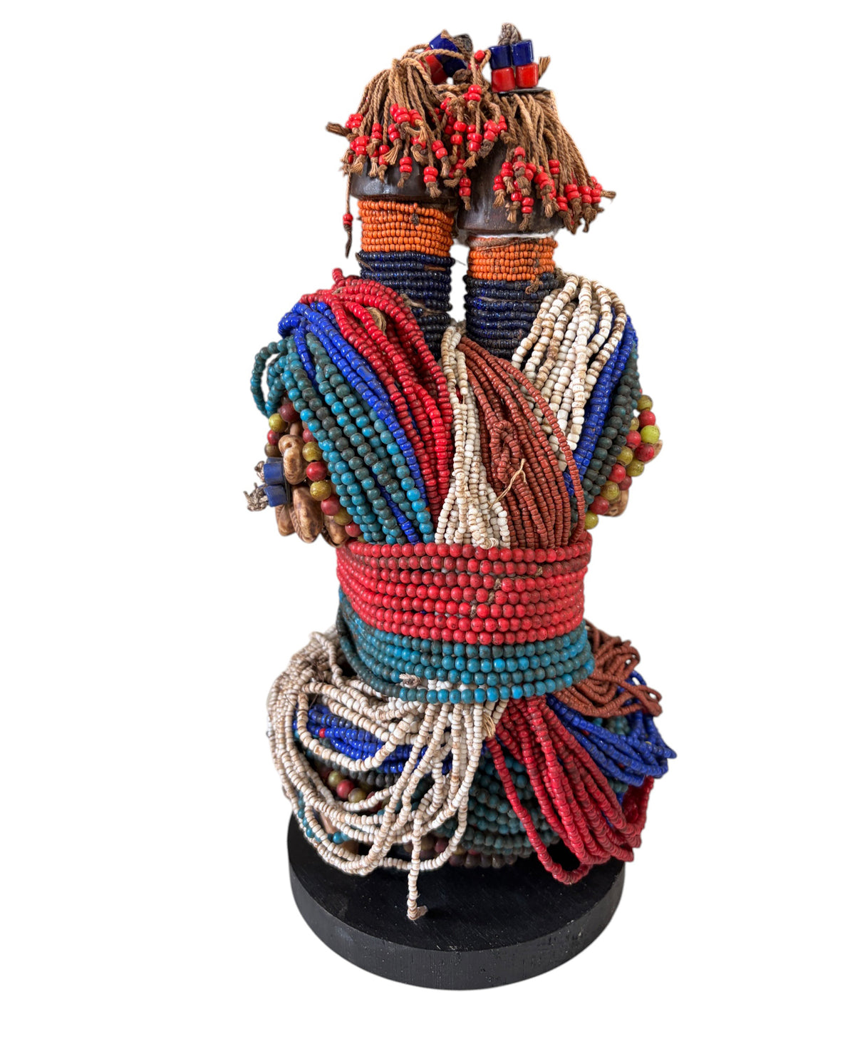 #1224 Vintage African Beaded Fali Namji Twin  Fertility Dolls Cameroon w/Stand 11" H