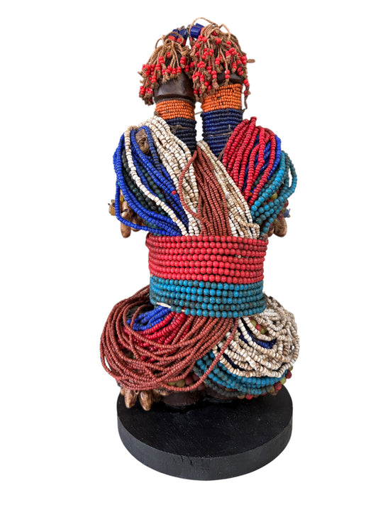 #1224 Vintage African Beaded Fali Namji Twin  Fertility Dolls Cameroon w/Stand 11" H