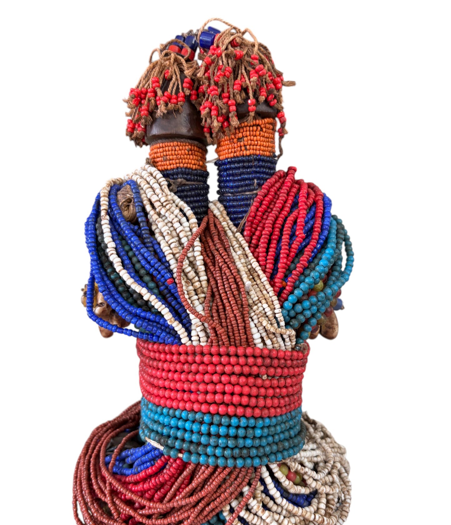 #1224 Vintage African Beaded Fali Namji Twin  Fertility Dolls Cameroon w/Stand 11" H