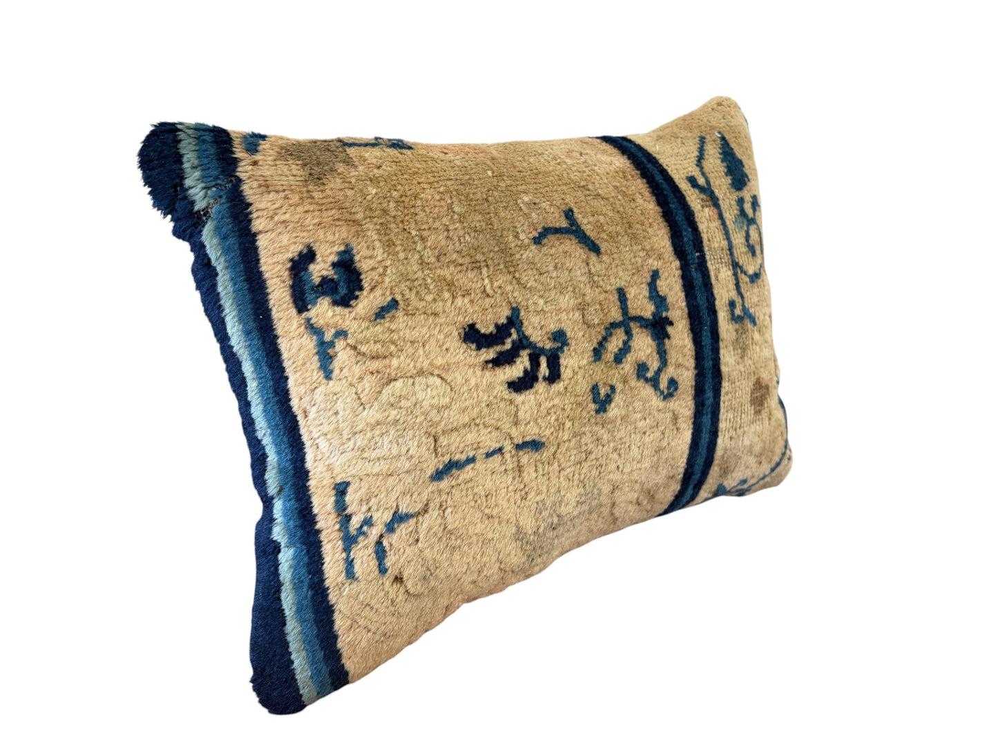 #110 Custom made Lumbar Pillow w/Antique Chinese Rug Fragment  14"W