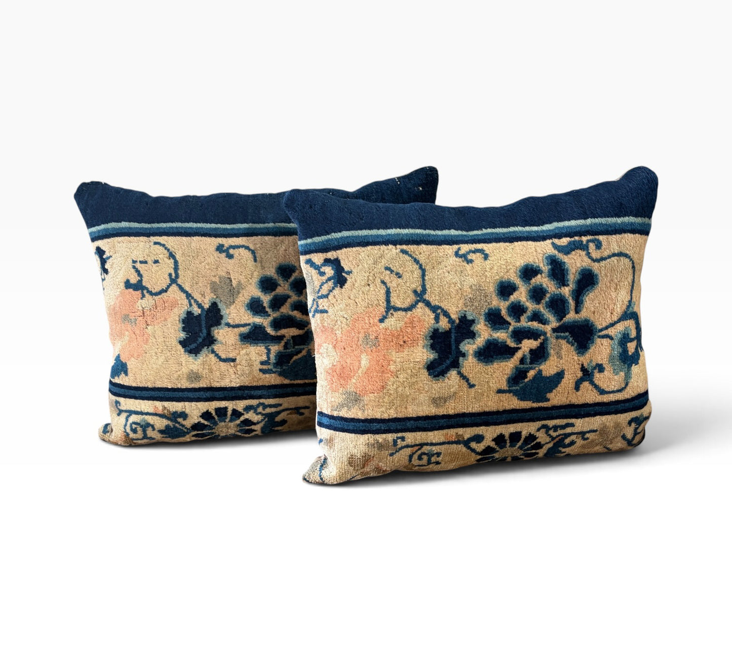 # 110A/112 Custom made Set of Two Pillows w/Antique Chinese Rug Fragment 19.5" W