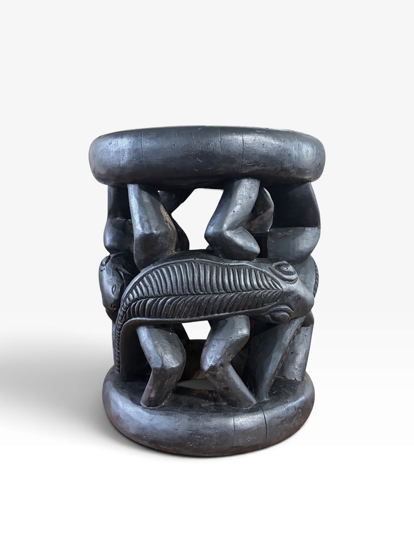 #1280 Vintage Tribal Nobility Bamileke Lizard  Stool/Table Cameroon 16" H