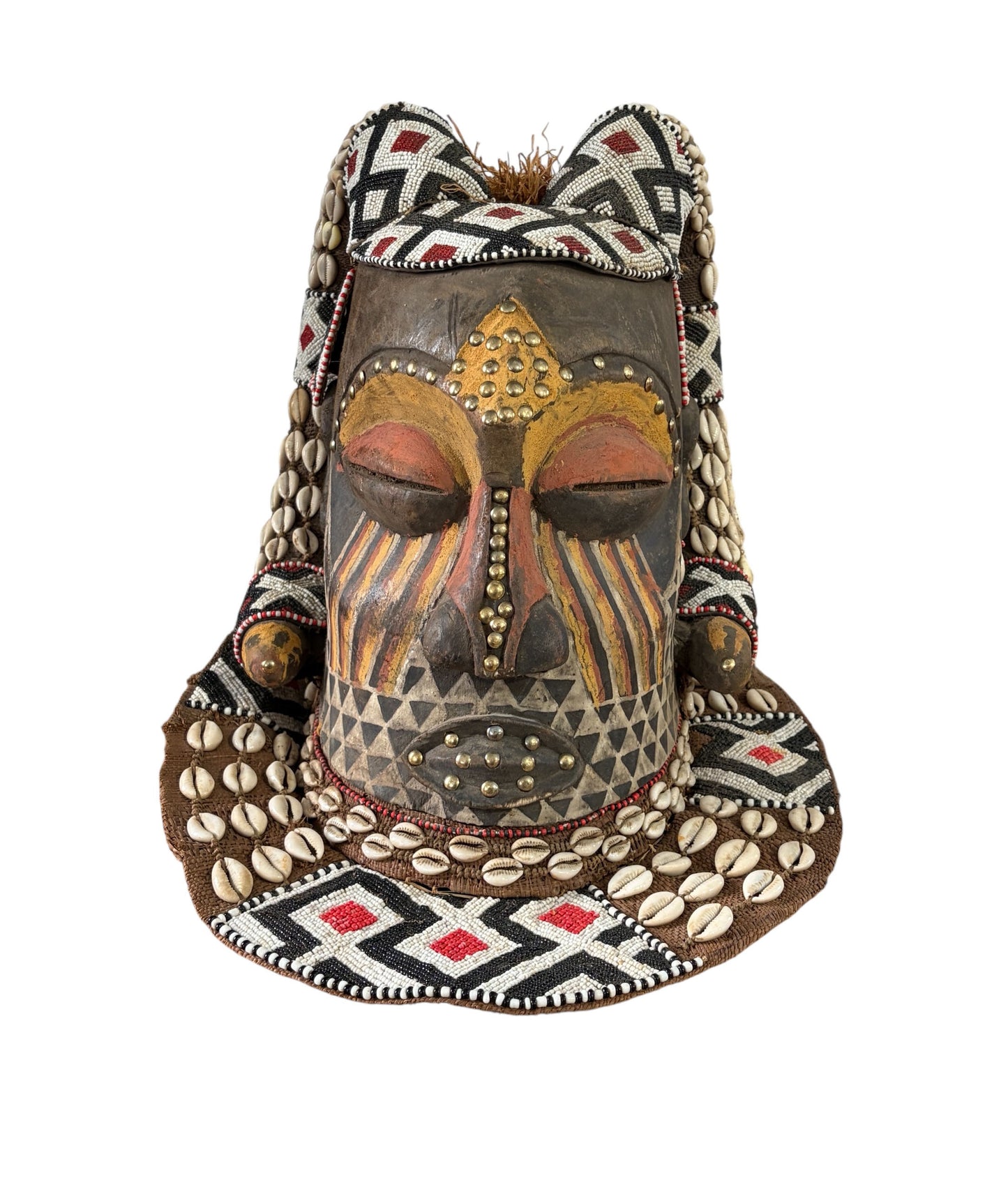 #680 Vintage Large African Tribal Kuba Royal Head Mask Congo 14" H