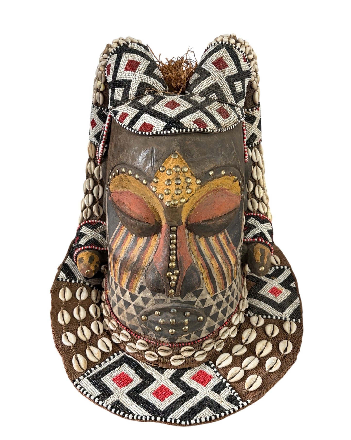 #680 Vintage Large African Tribal Kuba Royal Head Mask Congo 14" H